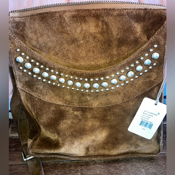 HOBO Tan Suede Mystic crossbody Shoulder Bag with metal Accents - Picture 4 of 8